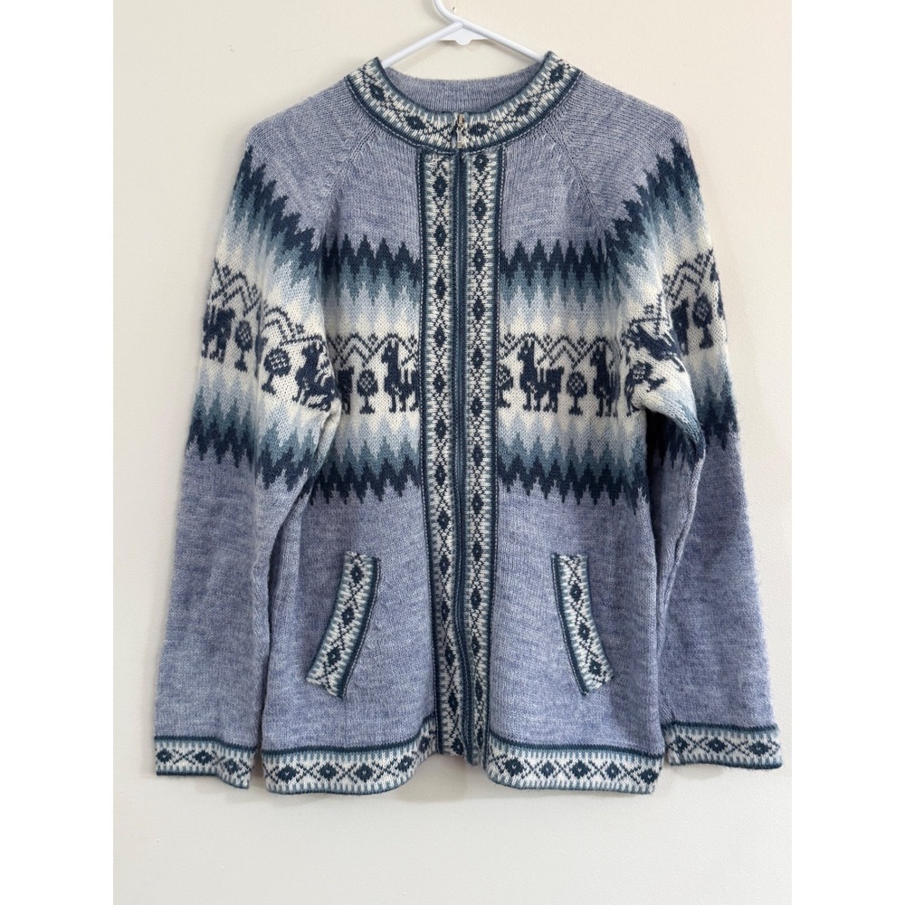 Alpaca Connection Blue Llama Intarsia Zip Up Cardigan Sweater Womens Medium Peru